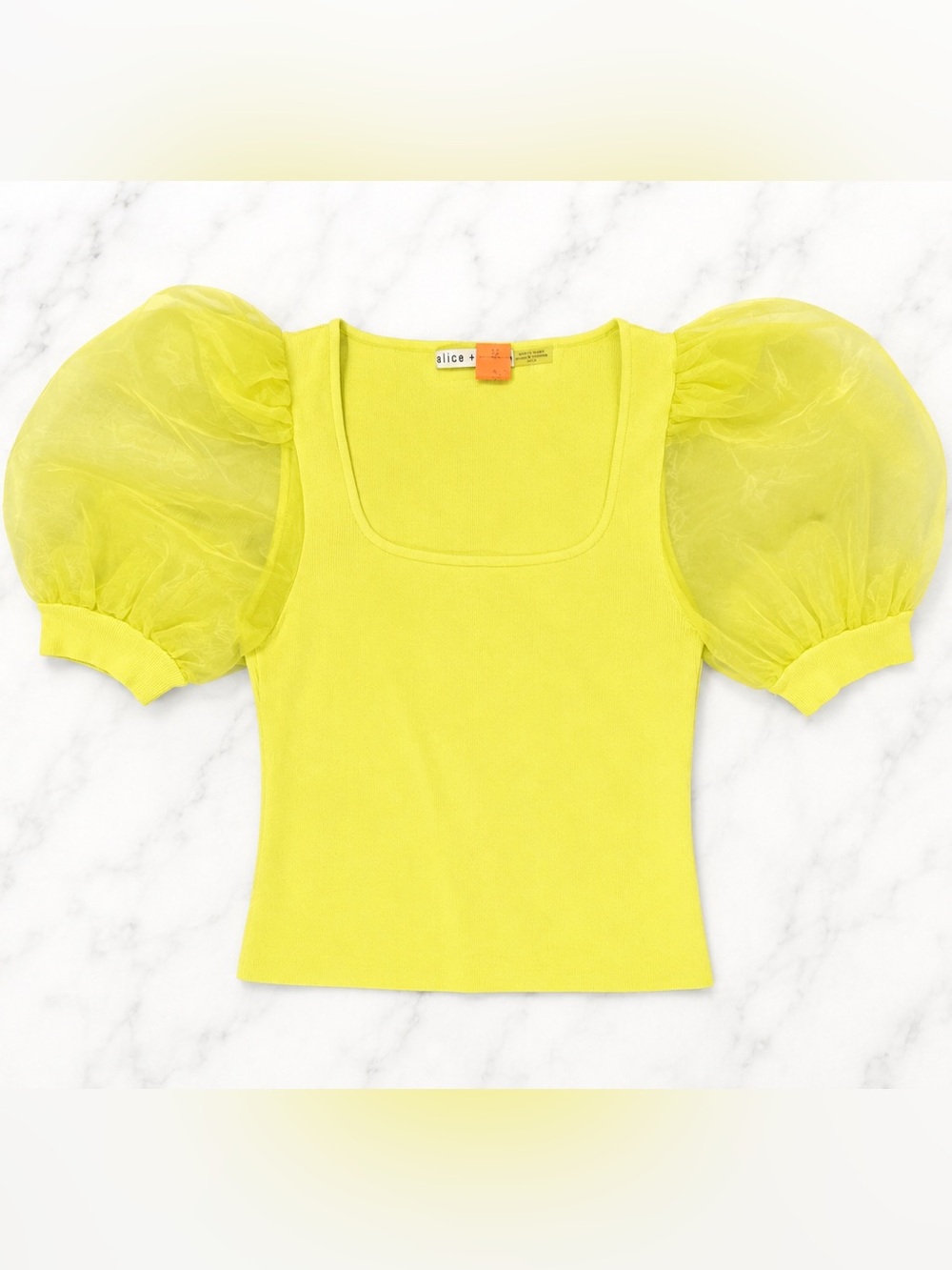 Alice + Olivia Neon Yellow Puff-Sleeve Square Neck Crop Top
